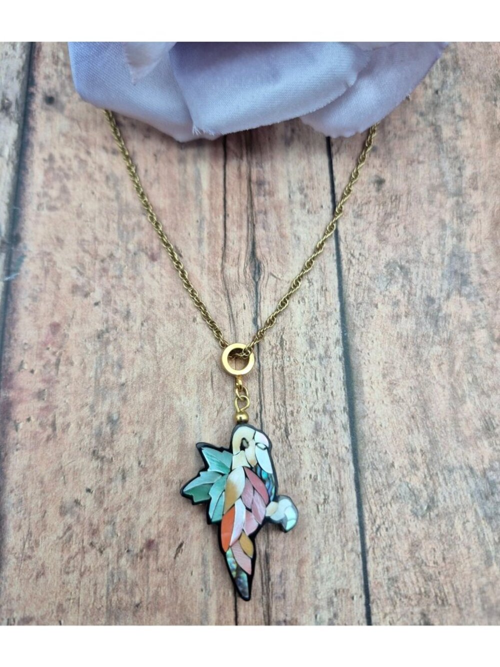 Vintage Lee Sands LS Inlaid Shell Parrot Pendant Necklace Gold Tone Colorful 30"